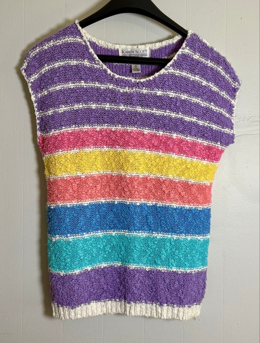 Karen Scott Vintage 80s Small Cap Sleeve Light Rainbow Stripe Sweater